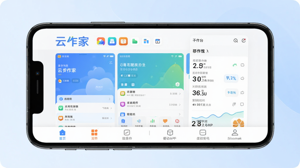 画面中心展示云之家APP的界面预览,主体为一部智能手机屏幕,屏幕内显示云之家的主界面布局,包含底部导航栏和顶部工作台图标。背景采用浅蓝色渐变,搭配简约的扁平化设计风格,界面元素清晰,色彩明快,突出移动办公的便捷与高效。画质细腻,干净整洁,无多余元素。