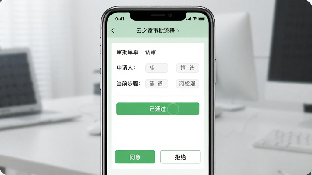 展示云之家审批流程的进度页面,主体为手机屏幕,屏幕中心显示一个审批单的详细信息,包含申请人、审批步骤和当前状态(已通过),下方有“同意”和“拒绝”按钮。界面以浅绿色为主色调,风格商务简洁,画质清晰,无多余元素。