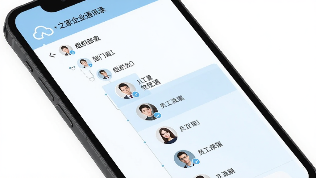 展示云之家企业通讯录的列表页面,主体为手机屏幕,屏幕内显示组织架构树形目录,点击某个部门展开显示员工头像和姓名。界面采用简洁的列表设计,头像为圆形,底色为浅蓝色,风格商务,画质干净,无多余元素。