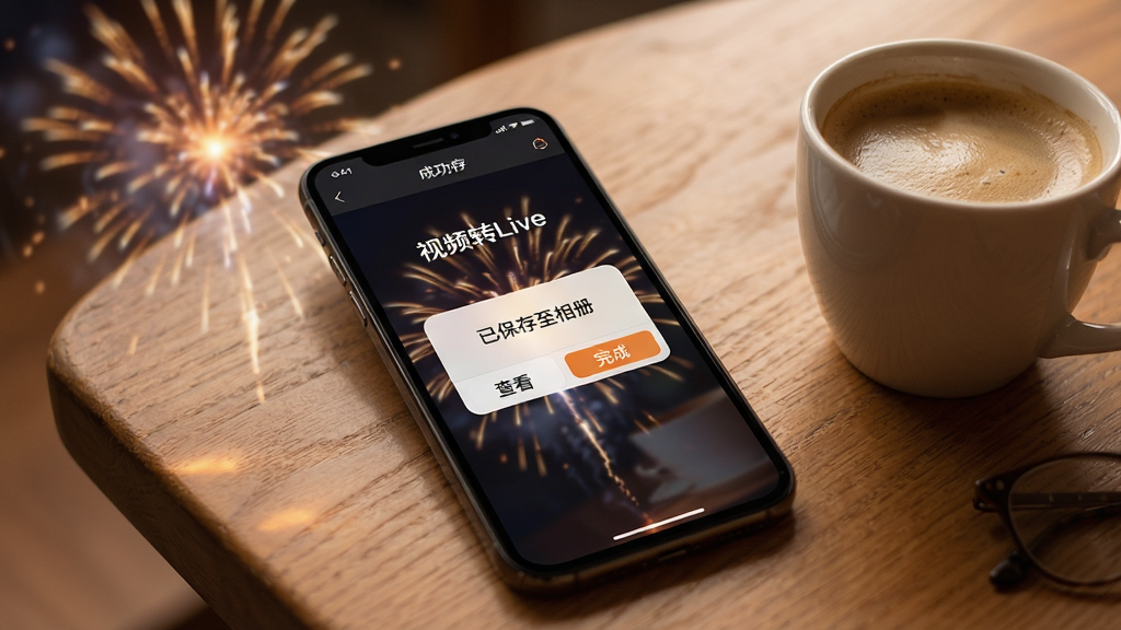 主体:一部手机屏幕显示“视频转Live”软件的成功保存界面,背景有动态模糊的烟花效果,屏幕中央显示“已保存至相册”弹窗。布局:手机放在木质桌面上,旁边有一杯咖啡,营造轻松氛围。排版:弹窗文字清晰,有“查看”和“完成”两个按钮。风格:暖色调,温馨生活化风格,细节丰富。画质:高清,干净无多余元素。