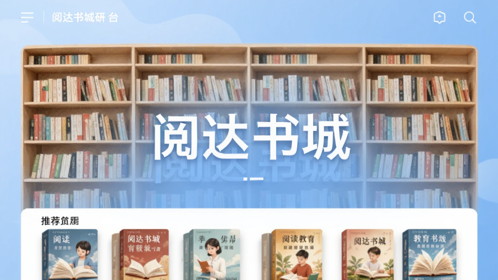 阅达书城是一款数字阅读与教育服务平台,主界面展示整齐的书架与推荐图书,背景为柔和的蓝色渐变,中央有“阅达书城”字样,整体风格简洁明亮,突出阅读与学习氛围,画质清晰,干净无多余元素。