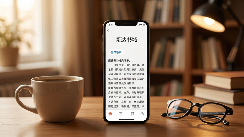 阅达书城app使用场景,一部手机屏幕上显示阅读界面,旁边放着一杯咖啡和眼镜,背景为温馨的书房,光线柔和,画质清晰,风格写实,干净无多余元素。