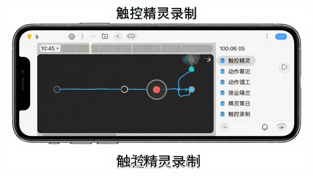 展示触控精灵录制界面的示意图,主体为手机界面上的录制按钮和操作轨迹,布局为上下结构,排版直观,风格简约明亮,细节包含时间轴和动作列表,画质细腻干净,文字标注“触控精灵录制”