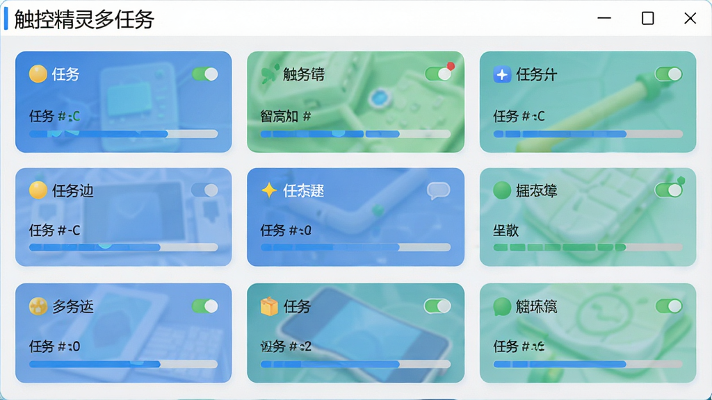 触控精灵多任务管理界面的设计图,主体为多个任务卡片并列显示,布局为网格状,排版整齐,风格清爽,细节包含任务状态图标和进度条,画质干净无杂物,文字标注“触控精灵多任务”
