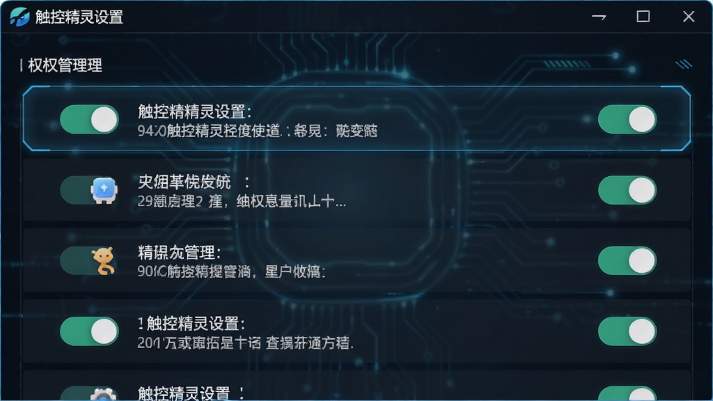 触控精灵设置界面的截图,主体为权限管理选项,布局为列表形式,排版简洁,风格科技感,细节包含开关按钮和说明文字,画质清晰干净,文字标注“触控精灵设置”