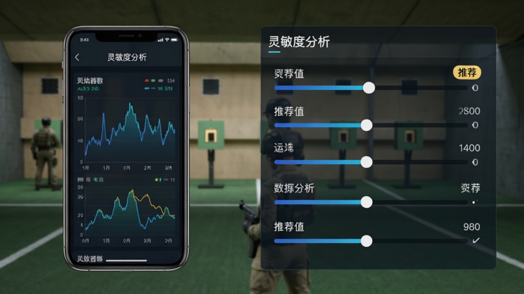 辅助器界面展示“灵敏度分析”页面,左侧为手机屏幕模拟图,右侧为可调节的参数滑块与推荐值,背景为射击训练场,整体布局左右分明,风格简洁科技,细节包括数据波动图与“推荐”标签,画质清晰,干净无多余元素