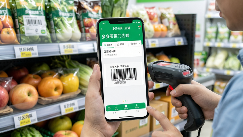 主体:一位便利店店主正使用手机上的