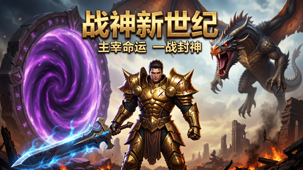 主体:游戏《战神新世纪》的主视觉宣传图,一位身披金色重甲、手持巨剑的男性战神站在焦土废墟之上,背景是巨大的魔法传送门和咆哮的远古巨龙。布局:中心构图,人物位于画面中央偏下,巨龙占据右上角天空,形成视觉张力。排版:游戏LOGO“战神新世纪”以烫金立体字呈现于画面顶部中央,副标题“主宰命运 一战封神”置于其下。风格:写实魔幻CG风格,光影对比强烈,色彩浓郁饱和。细节:战神铠甲上的锈迹与划痕清晰可见,巨剑剑刃反射出幽蓝的魔法光芒,传送门内涌动着不祥的紫色能量。画质:8K超高清,细腻入微,干净,无多余元素。