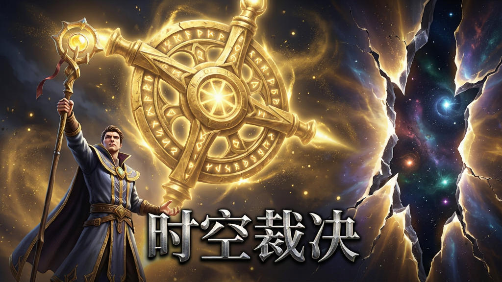 主体:游戏内圣器觉醒的实机演示画面,一个人类法师角色高举法杖,召唤出背后巨大的金色圣器虚影。布局:采用三分法构图,左侧是施法的法师,右侧是被圣器能量撕裂的空间裂缝。排版:画面中央偏下位置显示技能名称“时空裁决”,字体为带有金属质感的华丽哥特体。风格:具有强烈视觉冲击力的游戏原画风格,粒子特效丰富。细节:圣器虚影上刻有复杂的符文,空气中弥漫着金色的能量尘埃,空间裂缝中透出异世界的星光。画质:高动态范围,光影层次丰富,干净,无多余元素。