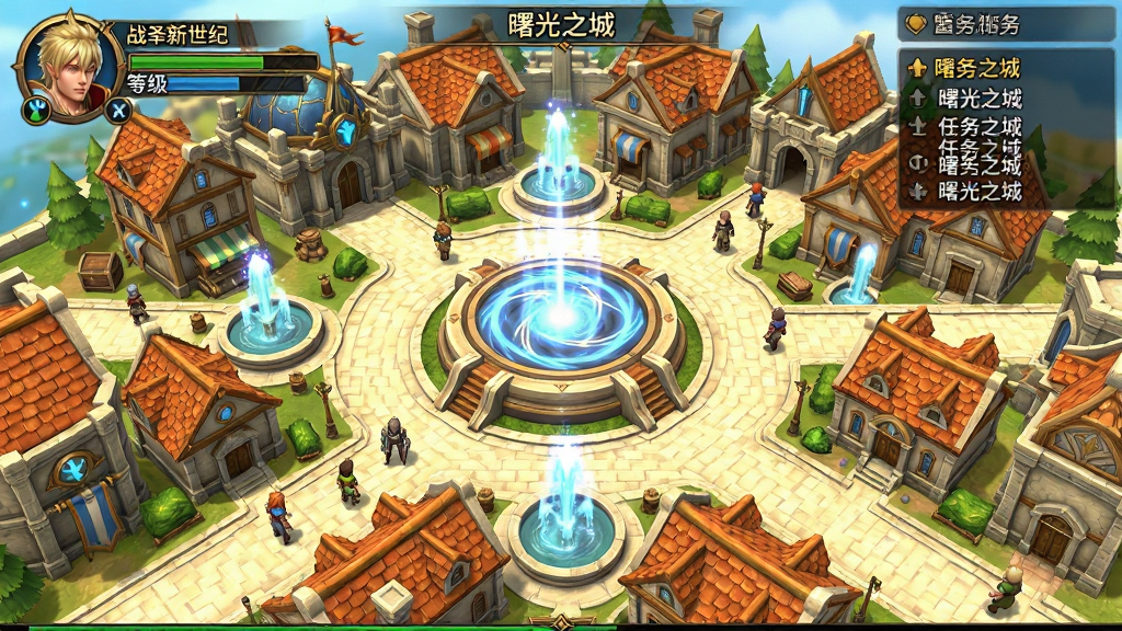 主体:一张《战神新世纪》游戏内的地图界面截图,展示了主城“曙光之城”的布局。布局:俯瞰视角,城市建筑错落有致,中心是巨大的传送阵。排版:界面左上角显示角色头像与等级,右侧有任务追踪列表。风格:明亮清新的奇幻城市风格,色调温暖。细节:街道上有行走的NPC,喷水池闪烁着特效光芒,建筑屋顶瓦片清晰可见。画质:高清,色彩明快,干净,无多余元素。