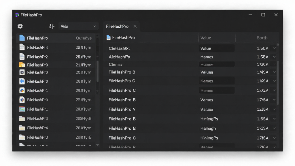 FileHashPro软件主界面,左侧文件列表,右侧哈希值结果,干净简洁的深色主题,现代扁平化设计,界面布局清晰,文字标注