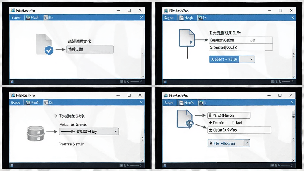 FileHashPro使用教程步骤图,显示拖拽文件、选择算法、点击计算、显示结果四个步骤,界面清晰,软件名称