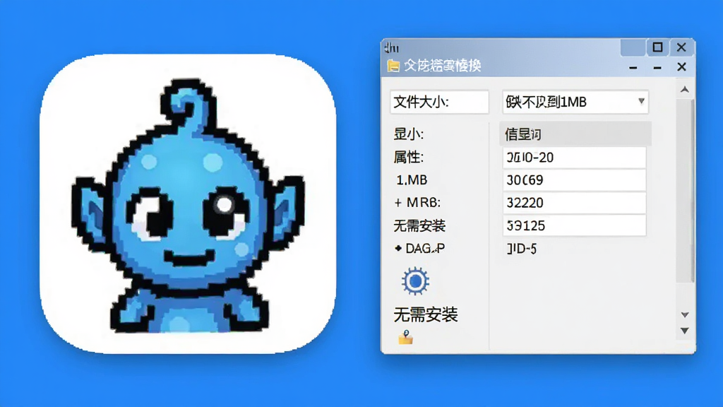 展示网亚像素厘米换算精灵的软件图标和文件属性窗口,文件大小显示不到1MB,属性中注明“无需安装”,图标为蓝色精灵样式,整体风格简约,背景纯色。