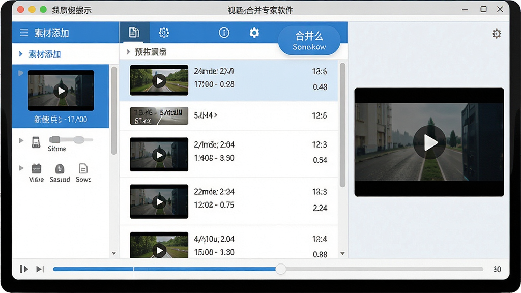 主体:视频合并专家软件主界面展示,屏幕中央显示清晰的视频列表与合并按钮;布局:左侧为素材添加区域,右侧为预览窗口,底部为进度条;排版:界面简洁,功能按钮排列有序;风格:现代扁平化设计,蓝白配色;细节:视频缩略图、文件大小与时长标注清晰;画质:高清,干净,无多余元素。