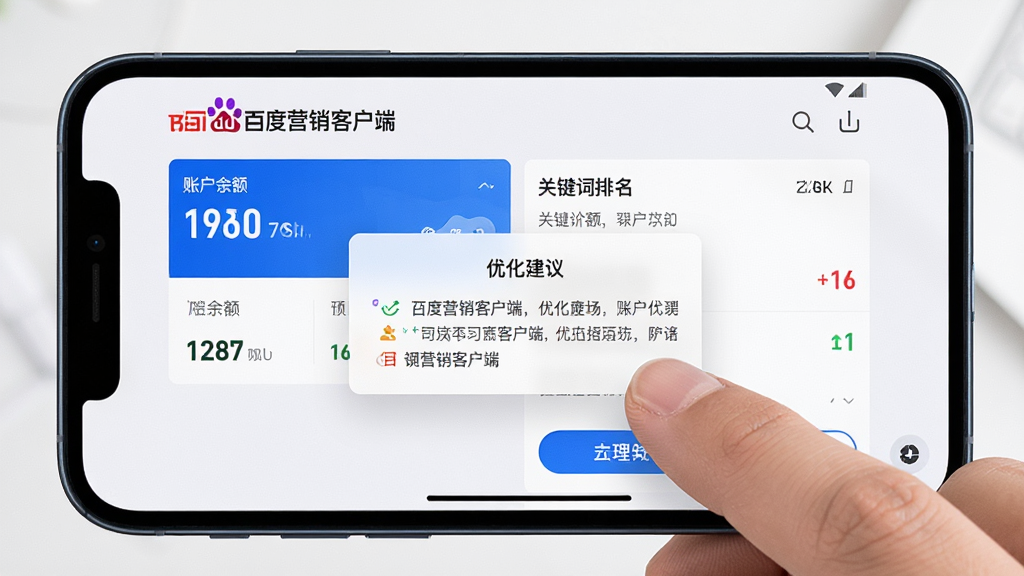 画面主体为“百度营销客户端”在手机上的操作界面,手机横屏展示,屏幕内显示账户余额与关键词排名,布局为手机居中,排版干净,风格写实,细节包括手指点击动作与“优化建议”弹窗,画质高清,干净无多余元素