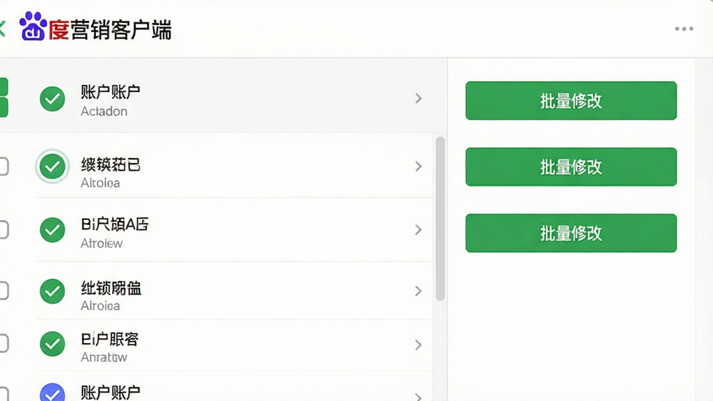 画面主体为“百度营销客户端”的账户列表管理界面,左侧显示多个子账户名称,右侧为批量操作按钮,布局为左右分栏,排版规整,风格扁平化,细节包括绿色对勾图标与“批量修改”文字,画质清晰,干净无多余元素