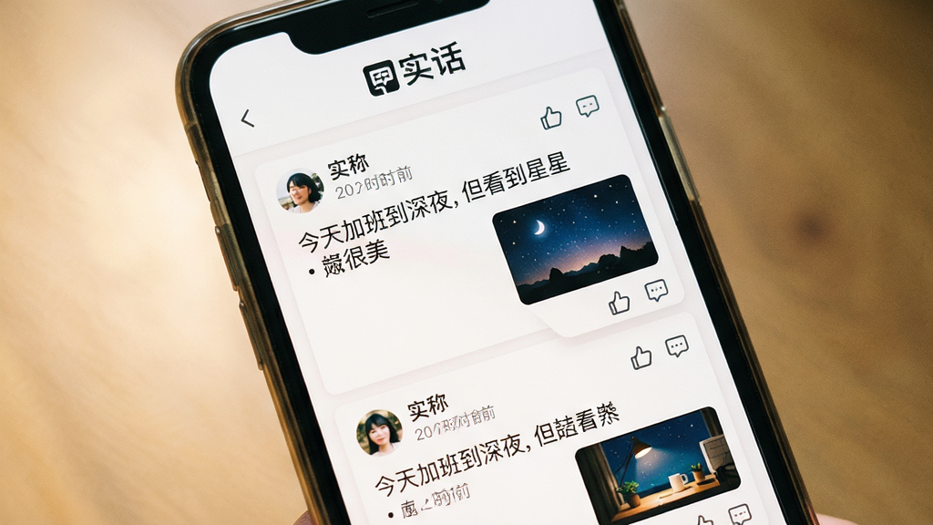 主体:手机屏幕上展示“实话”应用的真实动态分享页面。布局:页面顶部有“实话”标志,下方依次排列着几条动态卡片,包含文字与配图。排版:卡片式布局,错落有致,文字内容简洁真诚。风格:清新自然,贴近生活,带有温暖的日系摄影感。细节:动态卡片上显示用户头像、昵称、发布时间以及点赞和评论图标,文字内容如“今天加班到深夜,但看到星星很美”。画质:高清,干净,无多余元素。