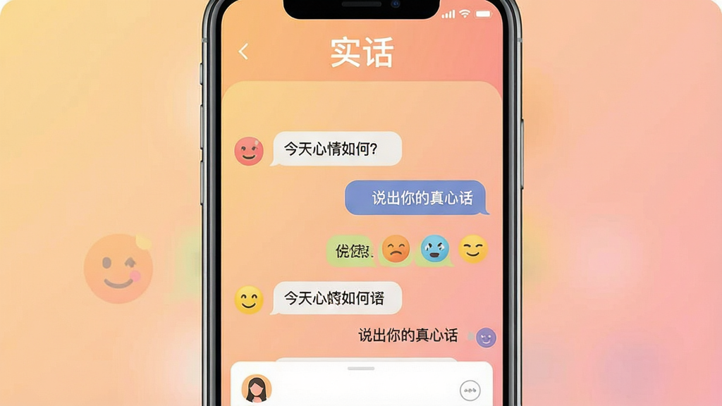 主体:一款名为“实话”的手机应用界面,展示在智能手机屏幕中央。布局:手机竖屏居中,应用界面显示聊天列表与动态发布页,背景为柔和的渐变色。排版:界面元素清晰,顶部有应用名称“实话”字样,下方分布着对话气泡与心情图标。风格:扁平化设计,色彩温暖明亮,给人舒适、坦诚的感觉。细节:屏幕中可以看到一些简短的真实感文字对话,如“今天心情如何?”与“说出你的真心话”。画质:高清,干净,无多余元素。