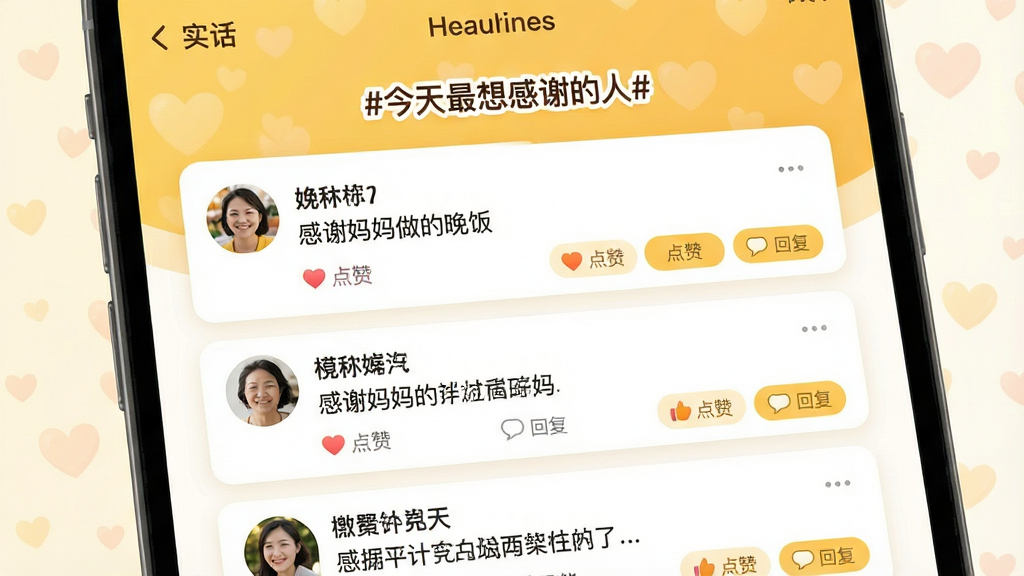 主体:展示“实话”应用中的真诚互动社区讨论页面。布局:页面顶部是话题标签“#今天最想感谢的人#”,下方是用户留言列表。排版:留言以卡片形式排列,每条留言包含头像、昵称和内容。风格:温馨明亮,采用暖黄色与白色搭配,给人积极向上的感觉。细节:留言内容如“感谢妈妈做的晚饭”,并有“点赞”和“回复”按钮,背景有淡淡的爱心图案。画质:高清,干净,无多余元素。