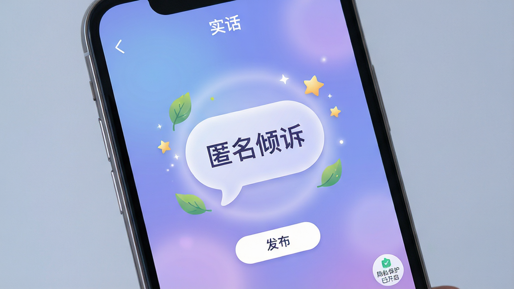 主体:手机屏幕展示“实话”应用的匿名树洞功能界面。布局:界面中央有一个柔和的对话气泡,内部写着“匿名倾诉”字样,周围散布着几片树叶与星星装饰。排版:简洁居中,留有大量留白,营造静谧氛围。风格:梦幻且治愈,使用蓝紫色渐变背景,带有轻微的光晕效果。细节:气泡下方有“发布”按钮,屏幕角落有“隐私保护已开启”的小图标。画质:高清,干净,无多余元素。