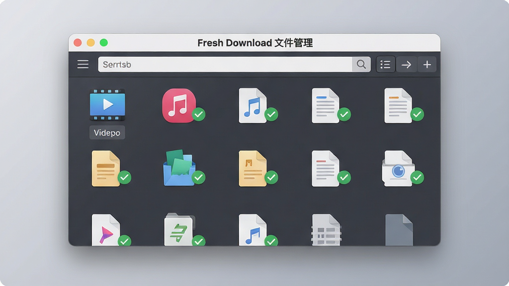 主体:一个整洁的电脑文件夹窗口界面,内部文件按类型整齐排列,每个文件图标旁边有绿色的对勾。布局:文件夹窗口居中,背景为柔和的渐变灰色。排版:窗口顶部有“Fresh Download 文件管理”标签。风格:扁平化管理界面风格。细节:文件图标有视频、音乐、文档等分类标签,界面有搜索栏和排序按钮。画质:清晰锐利,干净无多余元素。