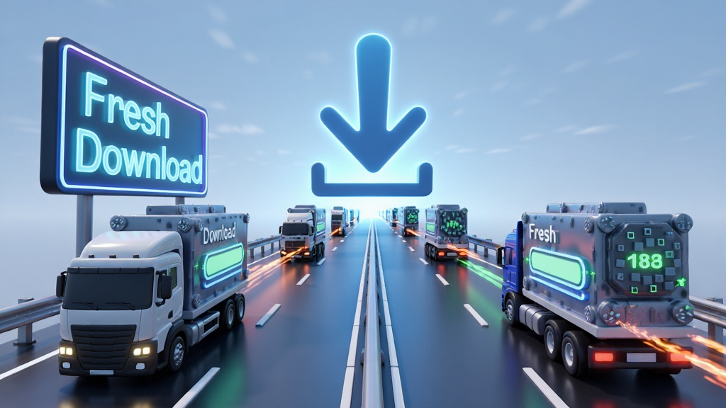 主体:一个3D立体的高速公路上,多辆卡车载着数据包并行飞驰,公路尽头是一个巨大的下载箭头。布局:透视构图,公路从近向远延伸,箭头位于画面中心。排版:公路旁有“Fresh Download”字样的霓虹灯牌。风格:现代3D渲染,充满动感。细节:数据包上带有进度条纹理,光线拖尾效果。画质:高清渲染,干净明亮,无多余元素。