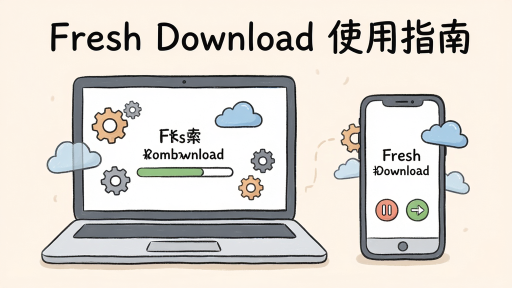 主体:一台笔记本电脑和一部手机并排放置,屏幕上都显示 Fresh Download 的界面,周围有齿轮和云朵图标。布局:左右对称,电脑在左手机在右。排版:画面顶部有“Fresh Download 使用指南”标题。风格:清新手绘插画风。细节:笔记本电脑上显示进度条,手机上有暂停和继续按钮。画质:干净柔和,无多余元素。