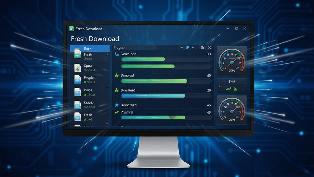 主体:一台现代化的电脑显示器,屏幕上显示 Fresh Download 软件主界面,界面中多个下载任务正在高速进行,进度条快速前进,周围环绕着速度线。布局:中心构图,电脑屏幕占据画面主体,背景为深蓝色科技感光效。排版:屏幕内界面清晰显示软件名称“Fresh Download”字样,下方有列表和进度条。风格:写实科技风,色彩鲜明。细节:界面中的文件图标、速度仪表盘元素清晰可见,光效流畅。画质:超高清,细节丰富,干净无多余元素。