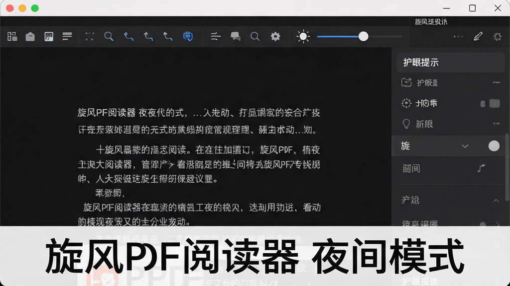 一张展示旋风PDF阅读器夜间模式效果的截图,主体为深色背景下的PDF文档页面,文字清晰可读,顶部工具栏和侧边栏均变为深灰配色,布局规整,风格简洁柔和,细节包括亮度调节滑杆和护眼提示,画质干净无多余元素,图片文字标注“旋风PDF阅读器 夜间模式”。