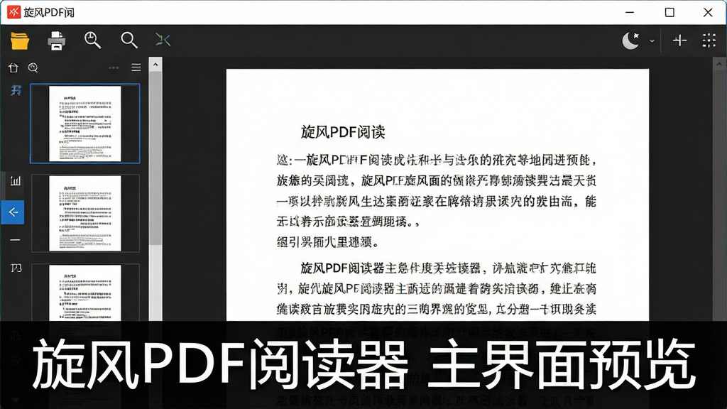 一张展示旋风PDF阅读器主界面的高清截图,主体为软件窗口,左侧显示页面缩略图栏,右侧为清晰的PDF文字内容,顶部工具栏包含打开、打印、缩放、夜间模式等图标。布局为上下结构,排版整齐,风格现代简约,细节体现高DPI缩放后的锐利字体,画质干净无多余元素,图片文字标注“旋风PDF阅读器 主界面预览”。