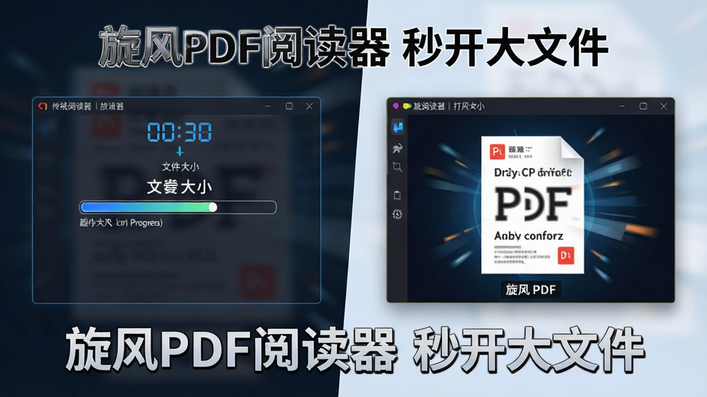一张动态模糊效果的旋风PDF阅读器打开超大PDF文件的速度对比图,主体为两个并排窗口,左侧是传统阅读器加载进度条缓慢,右侧是旋风PDF阅读器瞬间完成加载。布局为左右对比式,排版简洁,风格科技感强,细节包括文件大小标注和计时器,画质清晰干净,图片文字标注“旋风PDF阅读器 秒开大文件”。