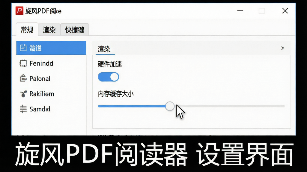 一张展示旋风PDF阅读器设置界面的截图,主体为设置窗口,包含“常规”、“渲染”、“快捷键”三个选项卡,当前显示“渲染”选项卡下的硬件加速开关和内存缓存大小调节滑杆。布局为左右分栏,左侧选项卡列表,右侧具体选项,风格简洁清晰,细节包括鼠标指针指向硬件加速开关,画质干净无多余元素,图片文字标注“旋风PDF阅读器 设置界面”。