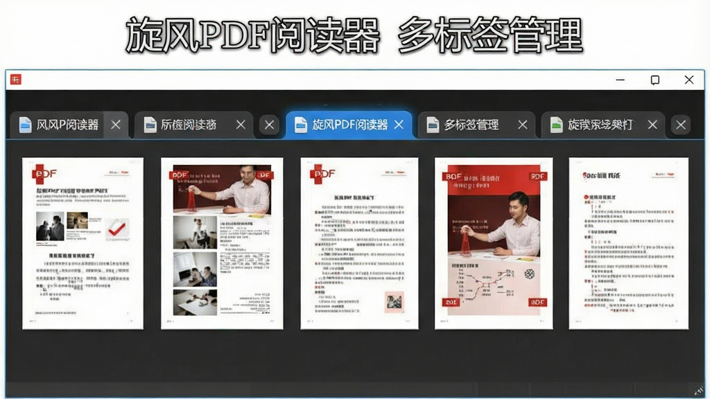 一张展示旋风PDF阅读器多标签页功能的截图,主体为软件窗口顶部排列着5个标签页,每个标签页显示不同PDF文档的缩略名称,当前激活的标签页高亮显示。布局为横向排列,排版整齐,风格简洁商务,细节包括标签页上的关闭按钮和文件图标,画质干净无多余元素,图片文字标注“旋风PDF阅读器 多标签管理”。