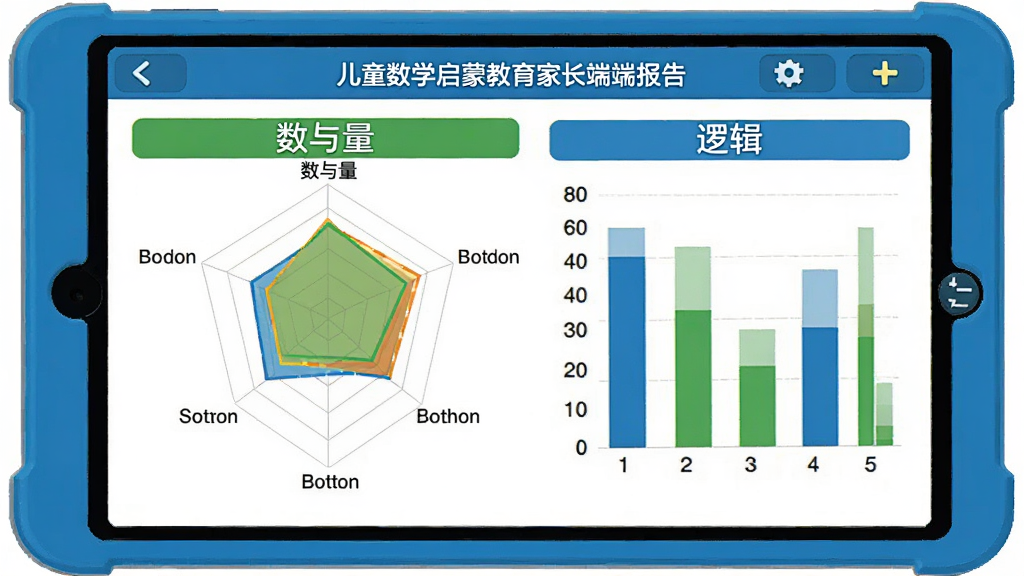 儿童数学启蒙教育家长端报告页面截图,展示一个平板界面,上面有彩色雷达图和柱状图,标注着数与量、图形、逻辑等维度,界面风格简洁商务,蓝色和绿色为主色调,清晰易读,高清画质,干净无多余元素