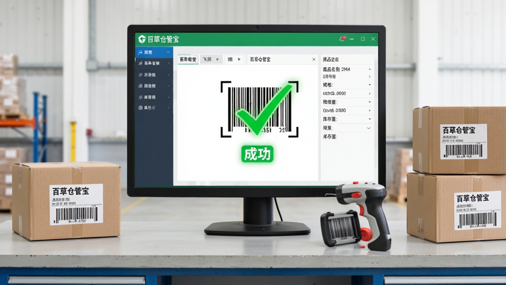主体为一张仓库工作台,台面上摆放着“百草仓管宝”软件界面显示的条码扫描成功页面,旁边有扫码枪与几箱贴有条码的货物。布局为平视视角,工作台占画面下方三分之一,软件界面悬浮于上方。风格写实,光线明亮,突出条码与高亮绿色对勾。细节需包括商品名称、规格、库存量字段。画质细腻,背景整洁,无多余元素。