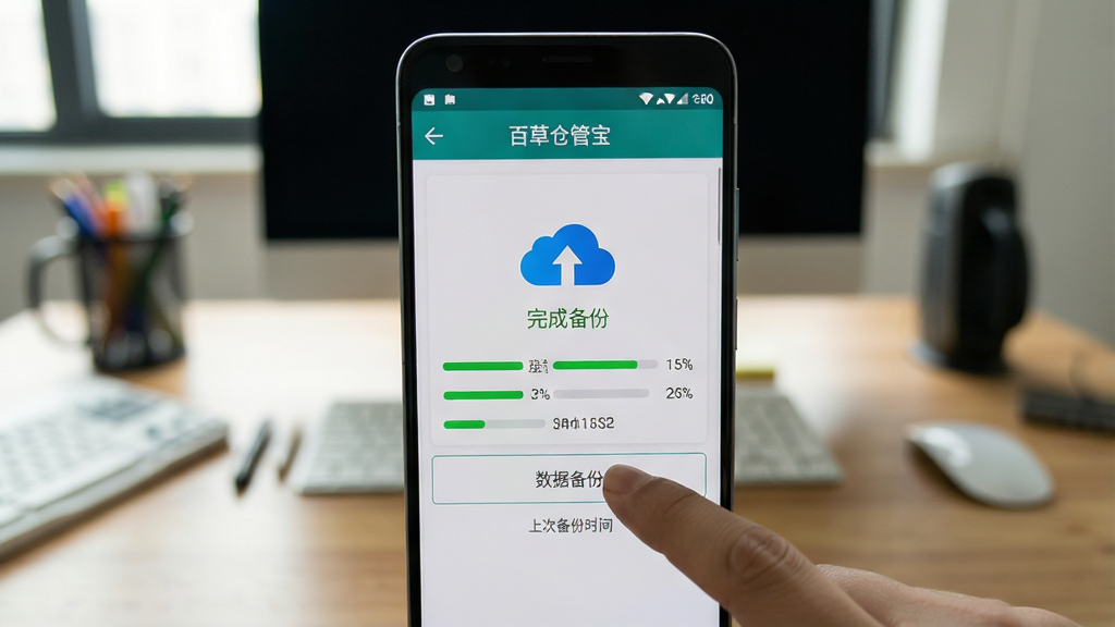 画面主体为一部安卓手机屏幕显示“百草仓管宝”的设置页面,手指正点击“数据备份”按钮。布局为手机居中,背景为室内办公桌。风格写实,色彩自然,突出云端备份图标与“完成备份”绿色提示。细节需有进度条和“上次备份时间”。画质清晰,无多余元素。