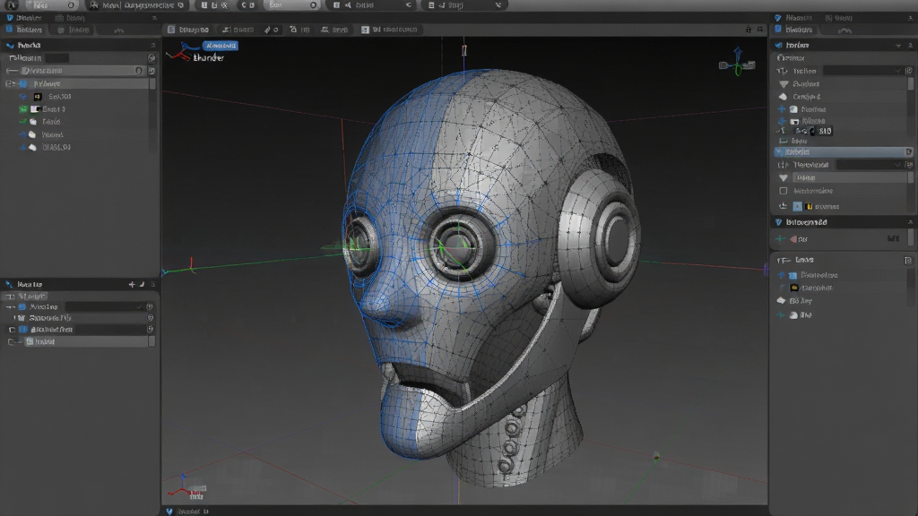 blender三维建模界面,显示一个正在编辑的机器人头部模型,线框与实体混合显示,布局清晰,排版专业,风格科技感,细节丰富,画质清晰,干净无多余元素