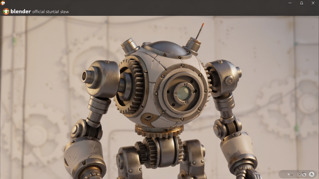 blender官方启动界面,一个风格化的三维场景,包含一个机械模型和柔和的光影,主体居中,布局简洁,排版大气,风格写实,细节丰富,画质清晰,干净无多余元素
