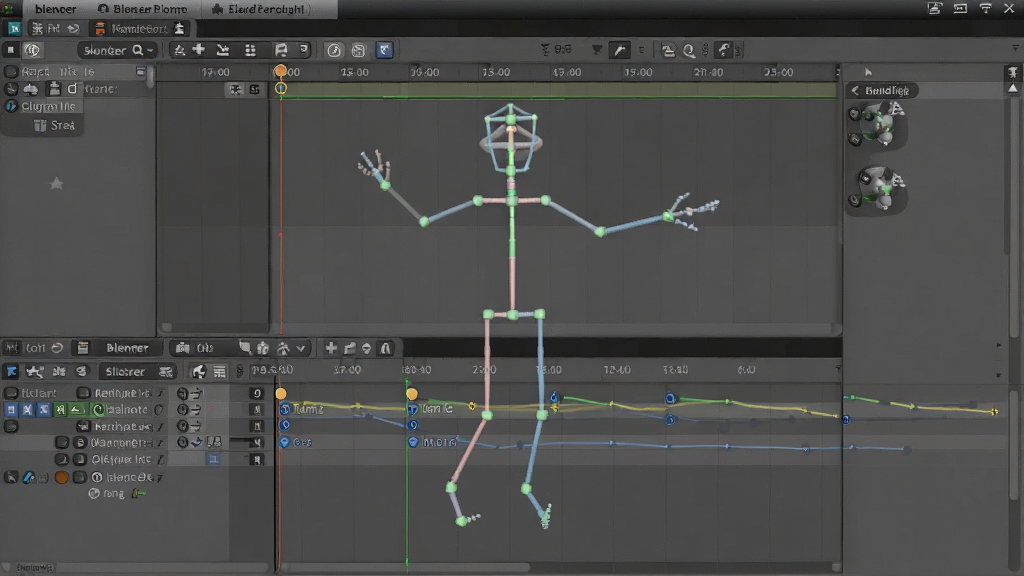 blender动画编辑器界面,展示一个角色骨骼绑定的姿态,时间轴上有多个关键帧,布局规整,排版简洁,风格专业,细节丰富,画质清晰,干净无多余元素