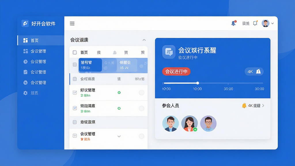 主体:好开会软件界面展示,一个简洁的会议管理面板,包含日程列表和参会人员头像。布局:左侧为导航栏,右侧为会议详情卡片,整体居中对称。排版:卡片式布局,信息层级分明,标题与内容间距适中。风格:现代扁平化设计,主色调为蓝色与白色,图标线条简洁。细节:屏幕中显示“会议进行中”标签,并带有时间轴和提醒图标。画质:4K高清,干净,无多余元素。