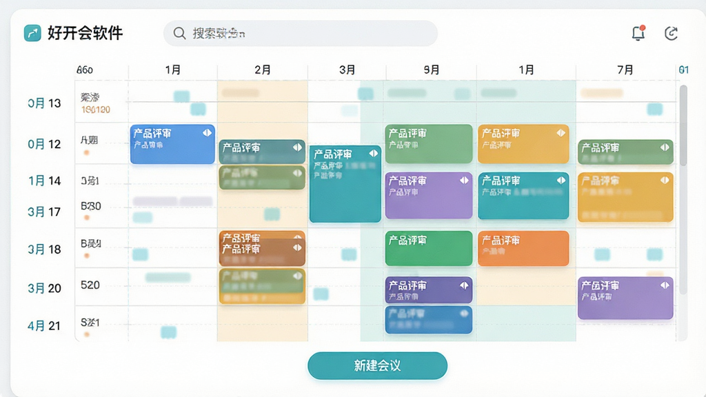 主体:好开会软件的日程管理界面,展示一周的时间网格,有多个彩色会议块。布局:时间轴横向排列,左侧为日期标签,右侧为具体时段,会议块错落有致。排版:网格清晰,颜色区分不同会议类型,底部有“新建会议”按钮。风格:清新简约,蓝绿色调,圆角卡片。细节:屏幕上方搜索栏,会议块上显示“产品评审”字样。画质:高清细腻,干净,无多余元素。