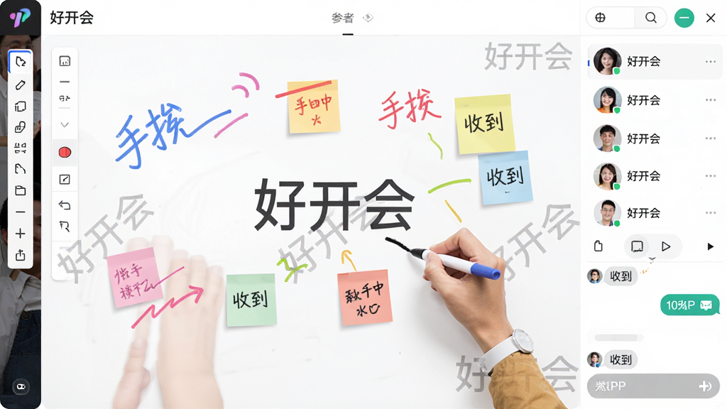 主体:好开会软件的在线白板界面,有多个用户同时操作的痕迹,包括画笔和便签。布局:中央为白板区域,右侧为参与者列表和聊天窗口。排版:工具栏垂直排列在左侧,白板内容居中,色彩明快。风格:协作感强,界面友好,白色背景配彩色笔迹。细节:白板上有“好开会”水印,聊天窗口有“收到”消息。画质:1080P高清,干净,无多余元素。