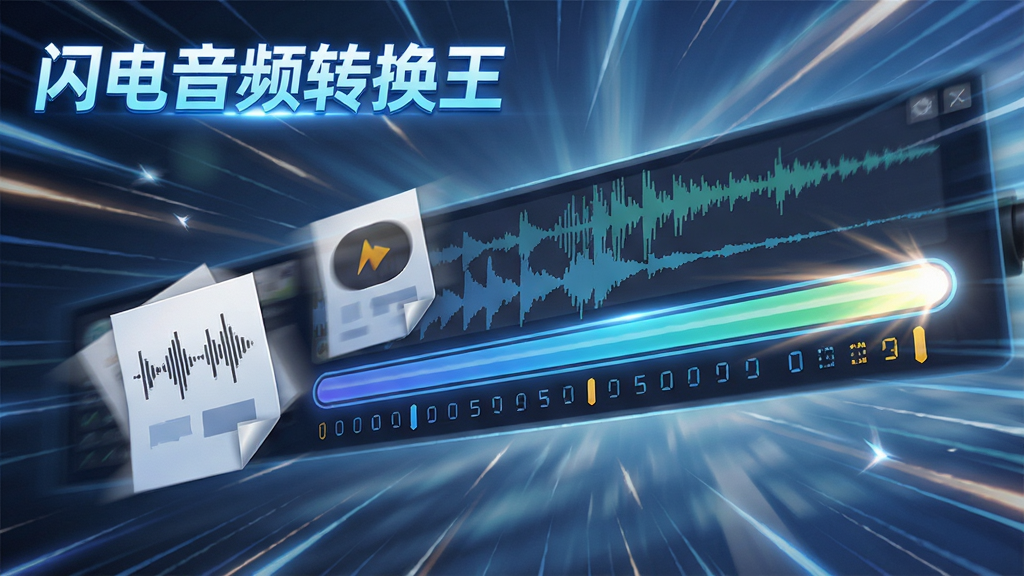 一张展示闪电音频转换王高速转换过程的动态效果图,画面中多首音频文件正在快速处理,进度条飞速前进,背景带有速度线条特效,软件名称“闪电音频转换王”以发光字体显示在左上角,整体风格动感科技,画质清晰明亮,无多余元素