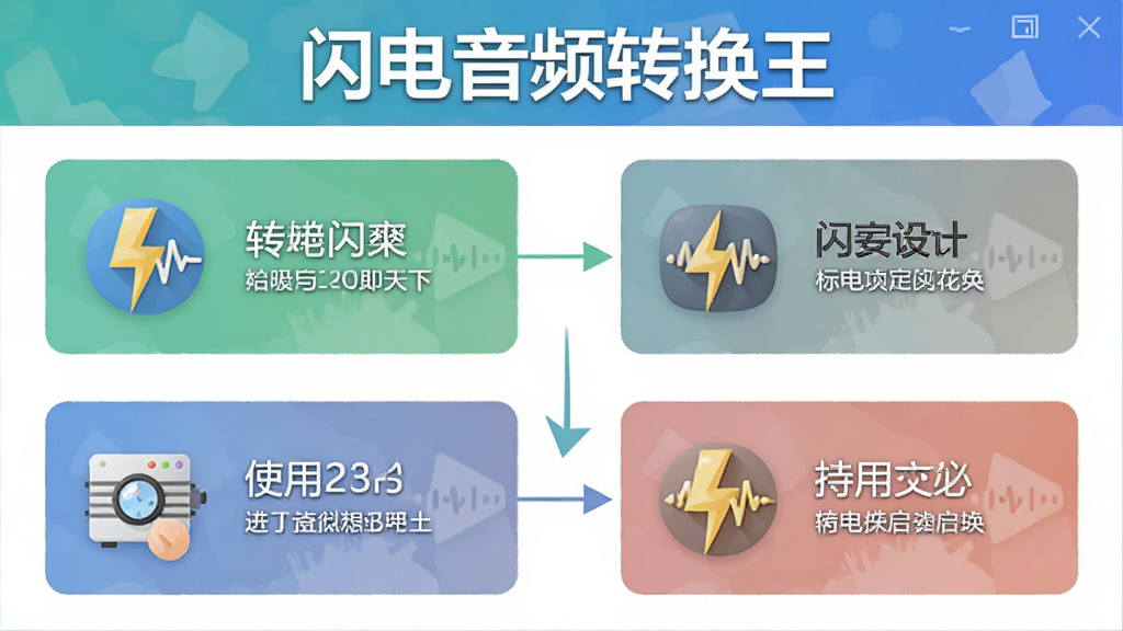 一幅展示闪电音频转换王使用步骤的流程图,画面分为四步,每一步用图标和文字说明,顶部有软件名称“闪电音频转换王”字样,整体风格扁平化,配色清新,画质干净无多余元素
