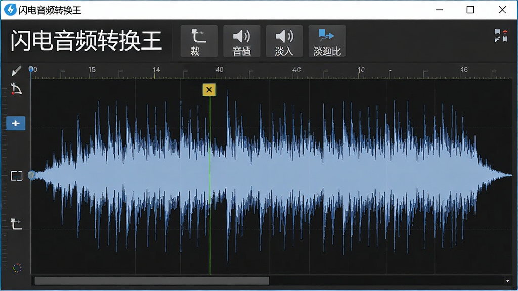 一幅展示闪电音频转换王音频编辑功能的界面截图,中央为波形编辑区域,上方为工具栏,包含裁剪、音量、淡入淡出等按钮,软件名称“闪电音频转换王”以白色字体显示在左上角,整体风格专业简洁,画质清晰无多余元素