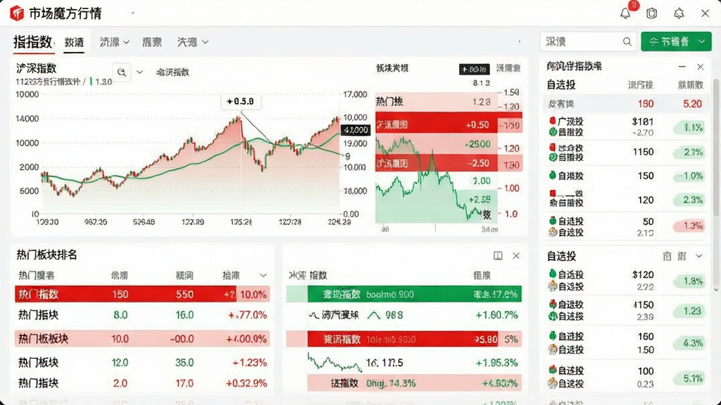 一张展示市场魔方行情软件主界面的高清截图,界面包含沪深指数走势图、热门板块排名、自选股列表,整体布局简洁现代,以红绿配色突出股市氛围,图表线条清晰锐利,数据标签完整,画质干净无多余元素