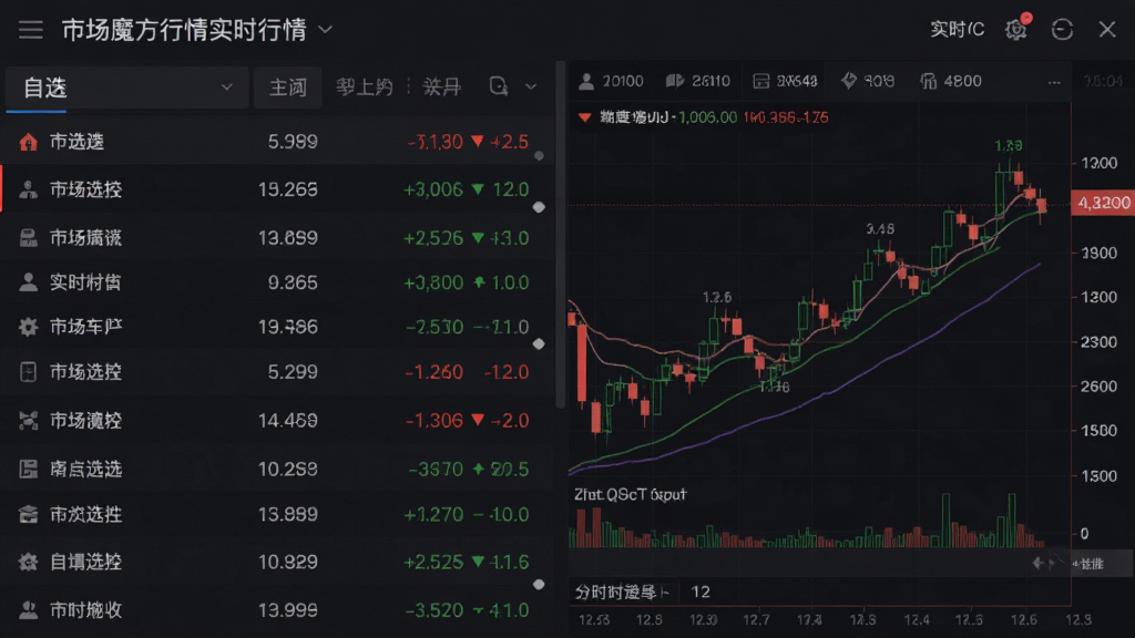 市场魔方行情实时行情界面截图,展示自选股列表和分时走势图,股价用红绿色数字标注,背景为深色主题,突出数据对比,画面清晰,排版整齐,细节丰富,画质干净