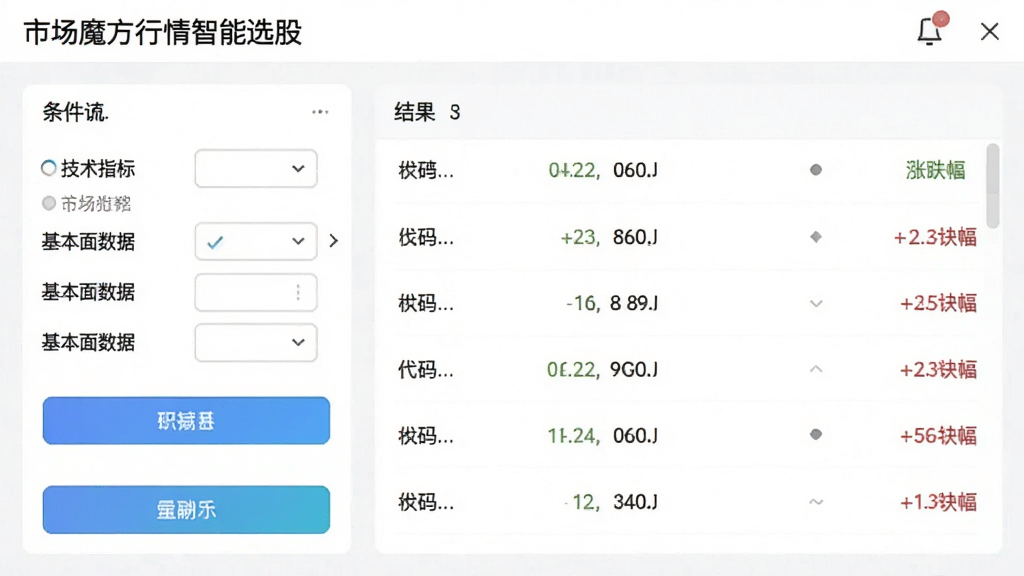 市场魔方行情智能选股界面,展示条件筛选器与结果列表,条件选项包括技术指标、基本面数据,结果列表展示股票代码、名称、涨跌幅,界面简洁,操作按钮清晰,画质干净