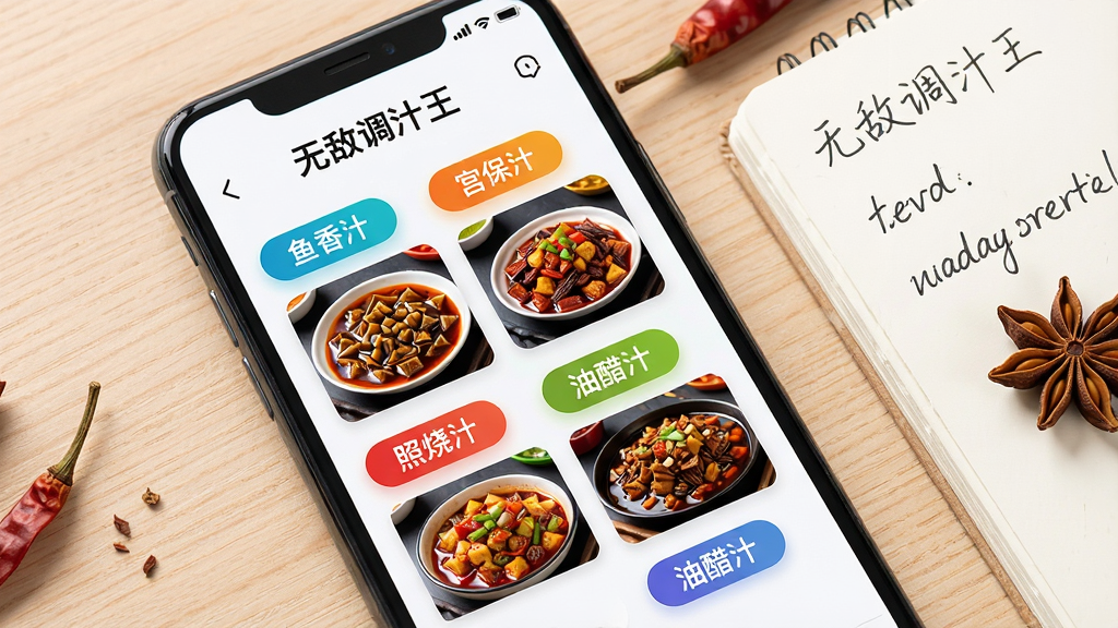 手机屏幕特写,展示“无敌调汁王”的配方列表界面,背景为浅色木纹桌面,屏幕上以卡片形式呈现“鱼香汁”“宫保汁”“照烧汁”“油醋汁”等彩色标签,每张卡片配有诱人的菜品缩略图,界面简洁现代,旁边放着一本手写食谱笔记本与干辣椒、八角等香料,画面层次丰富,干净明亮,高分辨率,无多余元素