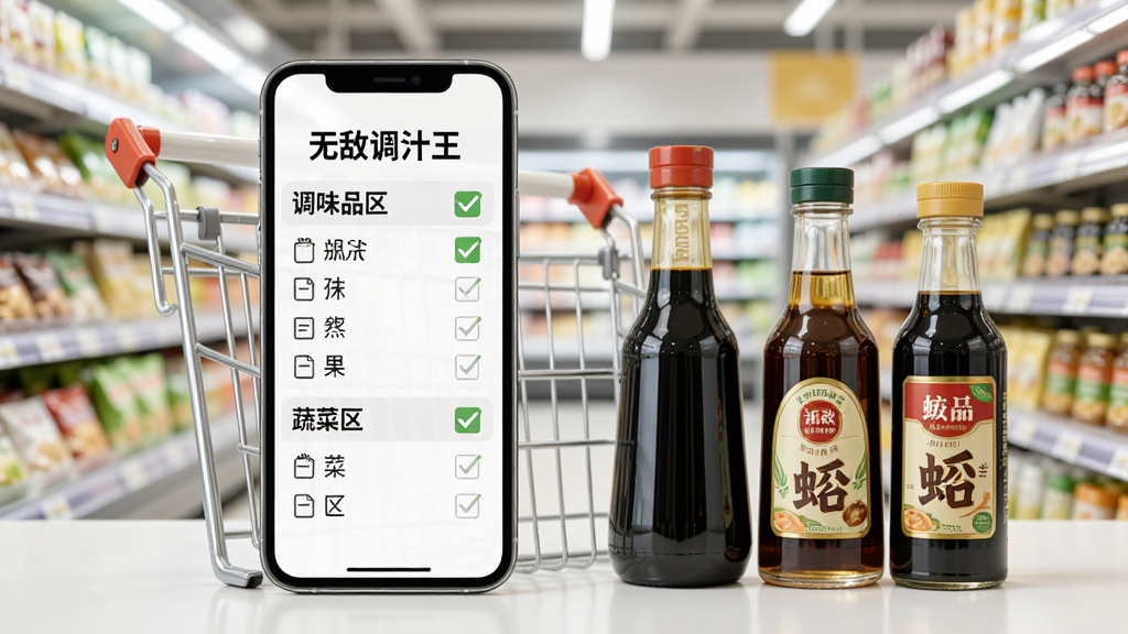 一张手机与购物车结合的创意场景,手机屏幕显示“无敌调汁王”生成的购物清单,项目分类为“调味品区”“蔬菜区”,清单上方有勾选状态,旁边实际摆放着对应的瓶装酱油、醋、蚝油等,背景是明亮的超市货架,浅景深效果,画面清爽真实,干净无多余元素,商业摄影质感